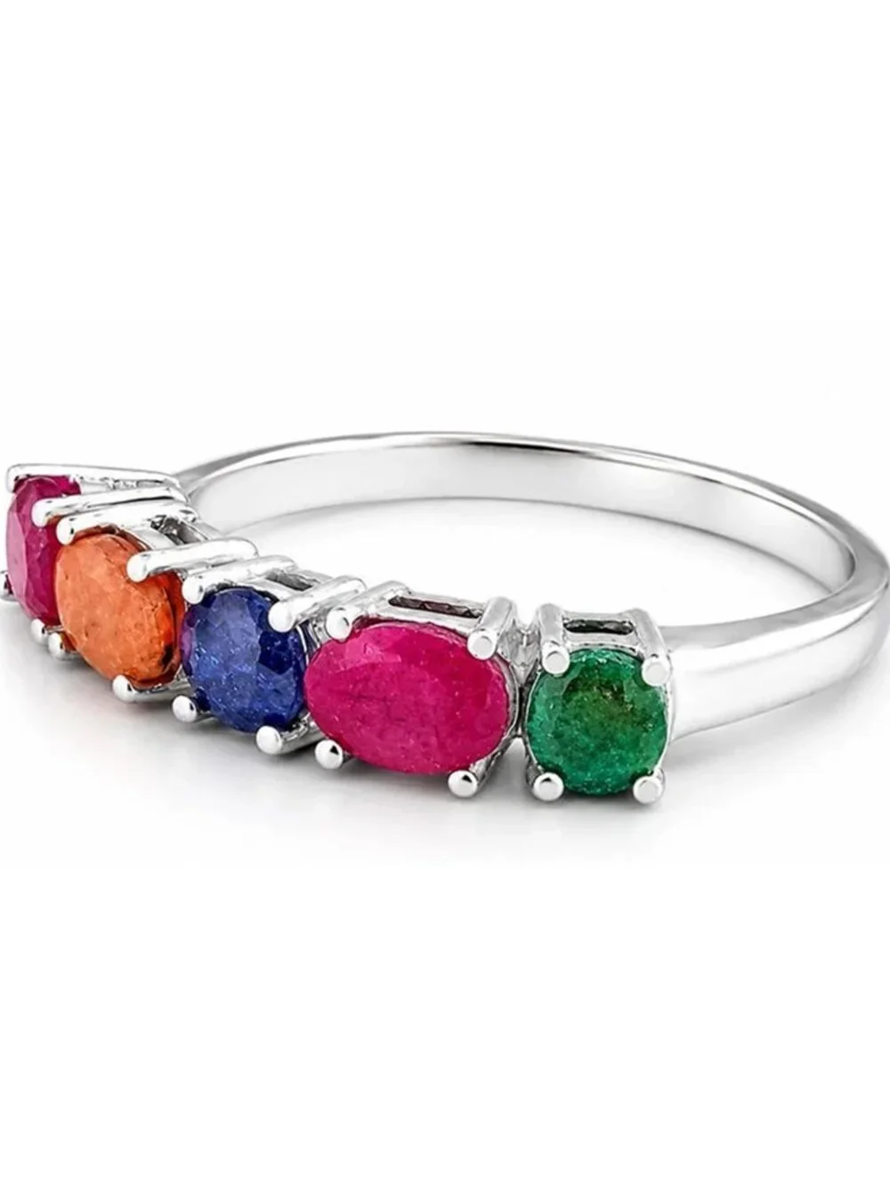 Genuine Ruby, Emerald, Sapphire & Padparadscha Ring Solid .925 Sterling Silver
